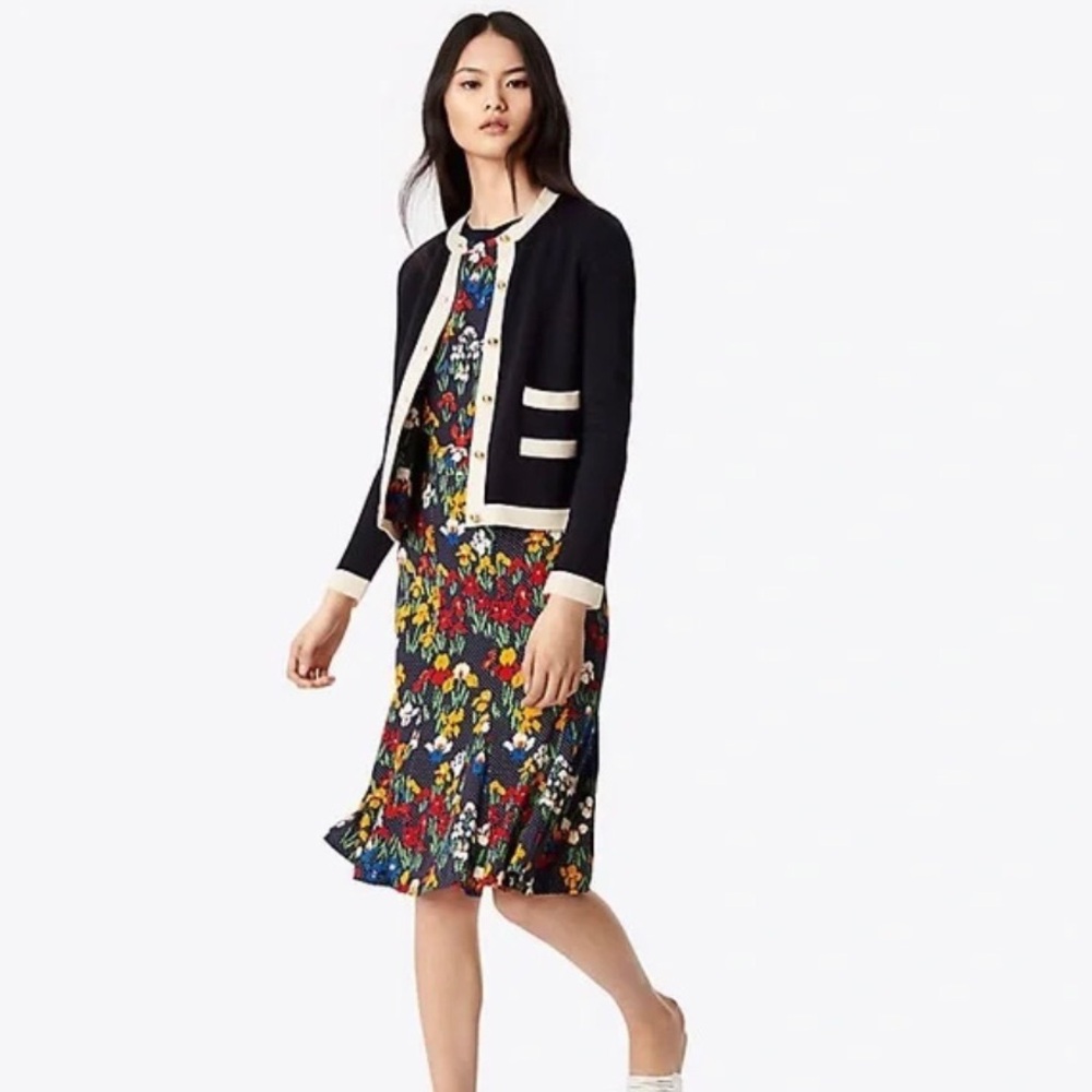 Tory Burch Kendra Cardigan Navy With Contrasting Cream Trim Size L - Picture 3 of 15
